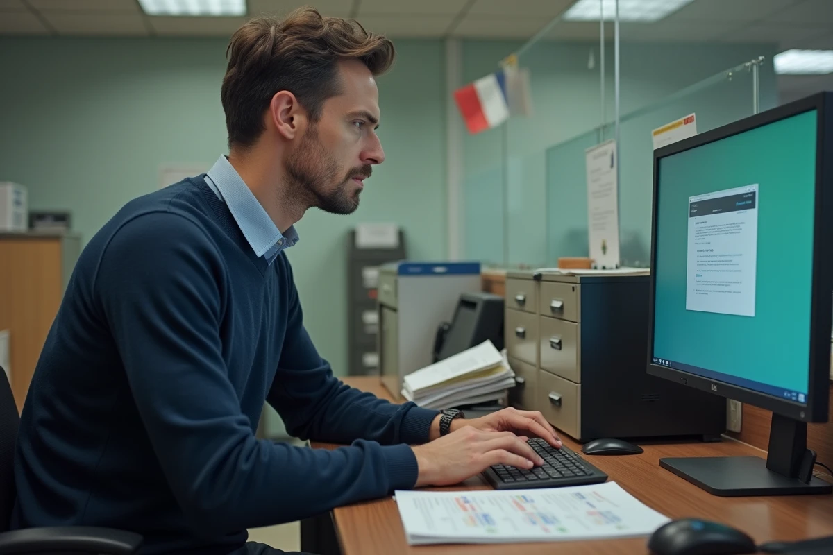 Administrateur scolaire utilisant la messagerie Webcsat 58 sur un ordinateur de bureau dans les locaux administratifs d'un établissement de la Nièvre