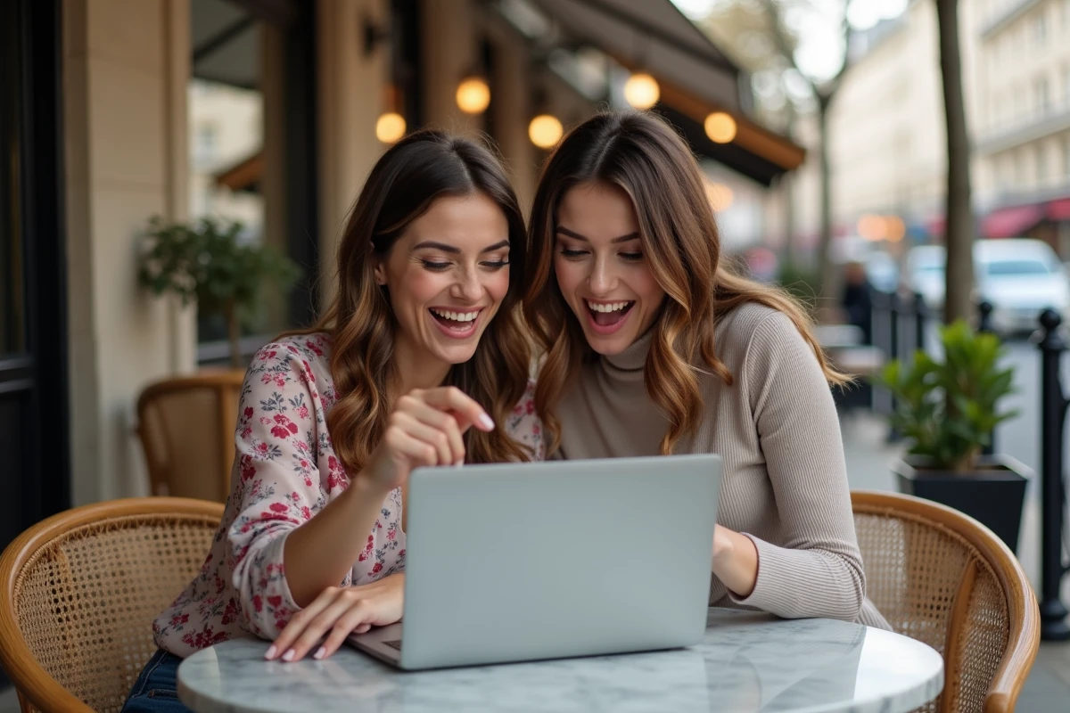 Deux amies découvrant ensemble les dernières tendances mode sur un ordinateur portable en terrasse de café parisien