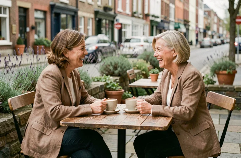 Deux femmes d'une cinquantaine d'années riant ensemble autour d'un café en terrasse, illustrant de nouvelles amitiés après 50 ans