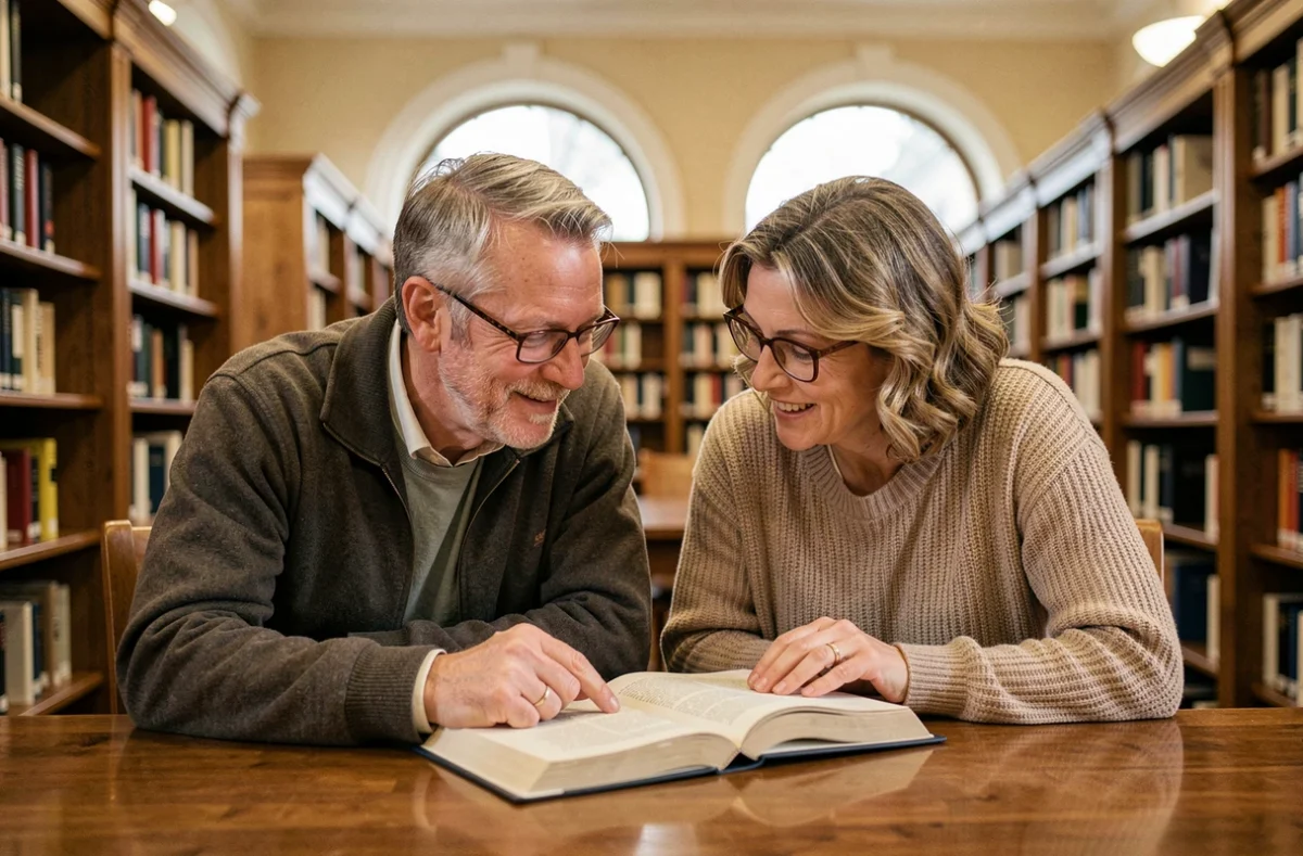 Un homme et une femme d'une soixantaine d'années partageant un livre à la bibliothèque, représentant des amitiés naissantes après 50 ans