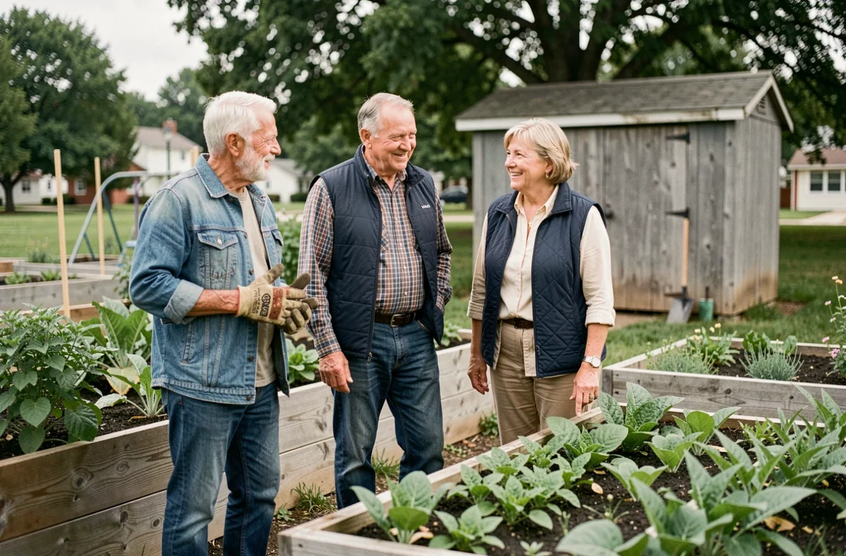 Groupe de seniors faisant du jardinage communautaire ensemble, symbolisant la création de liens amicaux après 50 ans