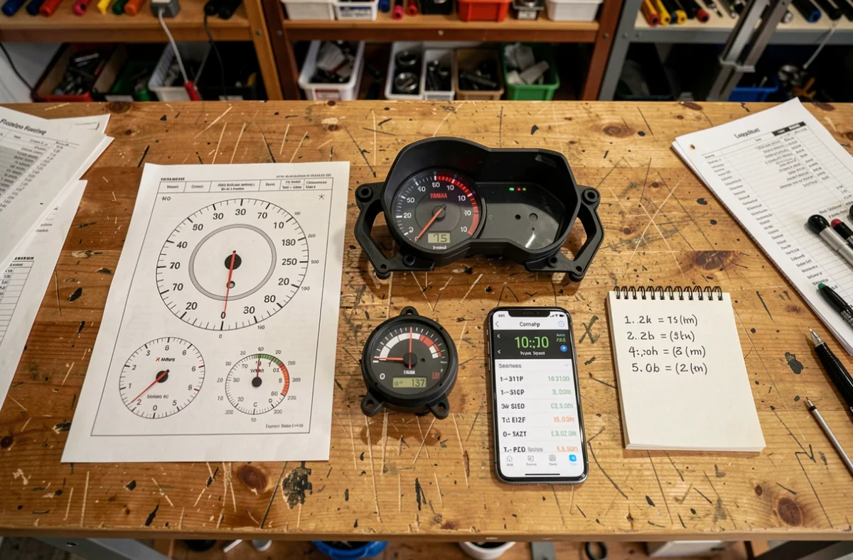 Vue à plat d'un compteur de Xmax 125 démonté, d'un smartphone GPS et de notes comparant les écarts de vitesse