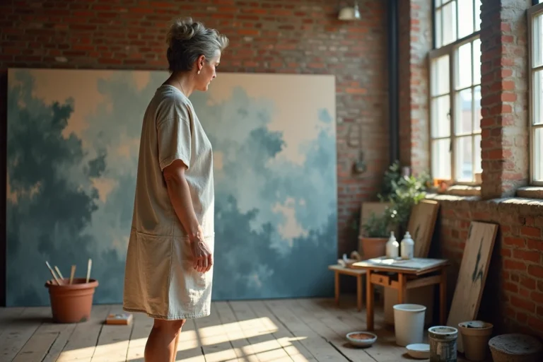 Artiste contemporaine observant une grande toile abstraite dans son atelier avec murs en briques apparentes