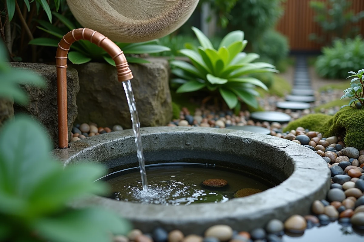 Gros plan d'un bassin en béton alimenté par un filet collecteur d'eau de pluie entouré de galets et de végétation dans un jardin permaculturel