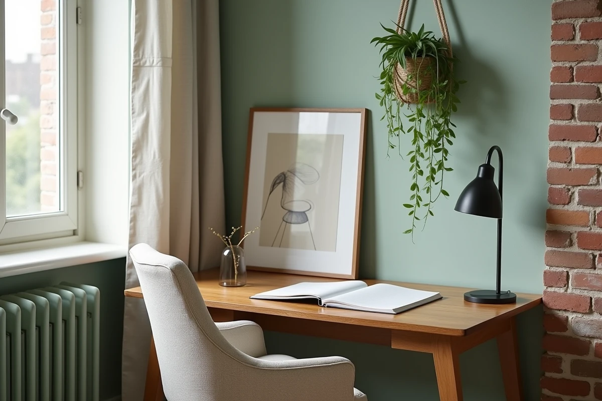 Coin bureau home office décoré dans un style tendance CallMeSpring avec chaise bouclé ivoire, plante suspendue et mur sauge dans un appartement