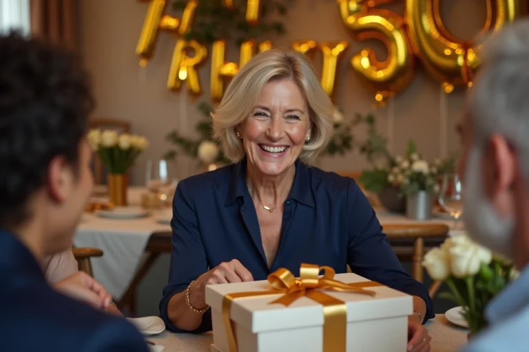 Femme de 50 ans souriante en train de déballer un cadeau d'anniversaire entourée de proches lors d'une fête élégante