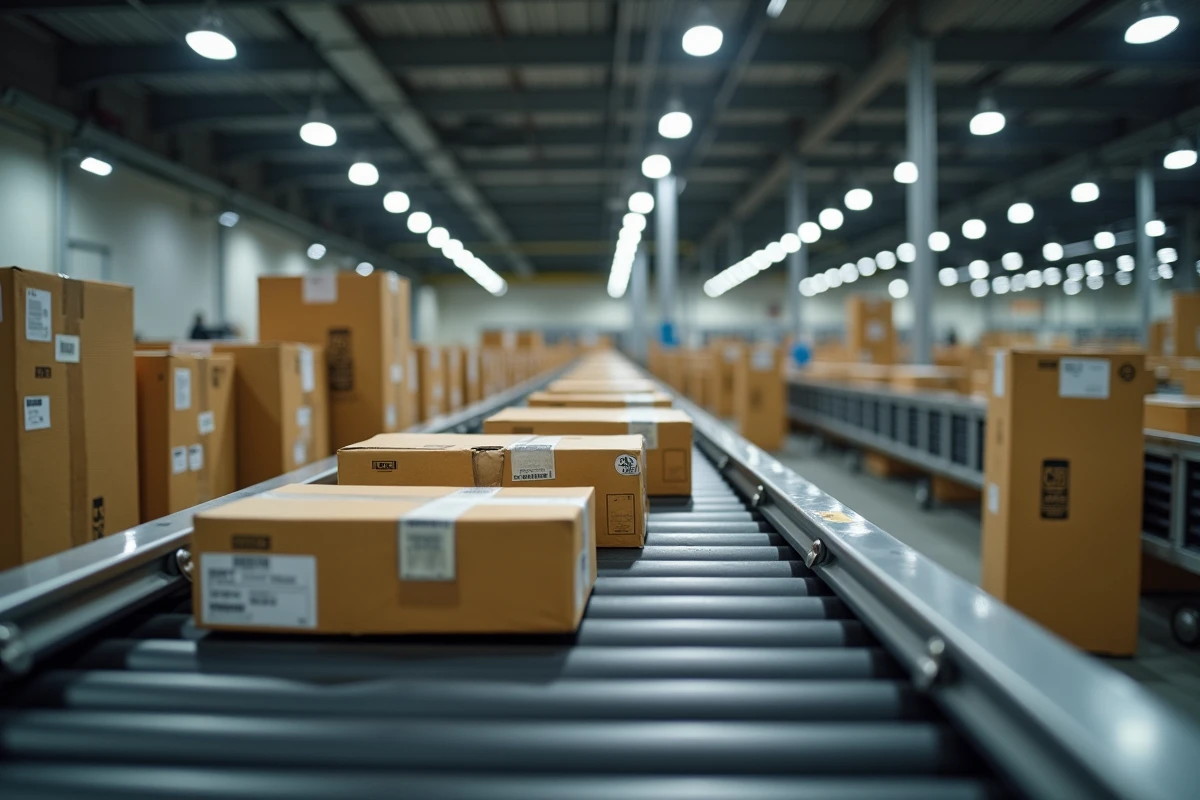 Tapis roulant de tri dans un centre de distribution UPS avec colis retenus et étiquettes de douane