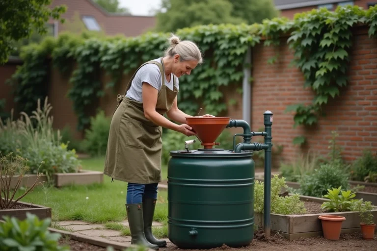 Femme installant un entonnoir collecteur d'eau de pluie sur un poteau dans un jardin urbain avec bacs potagers en bois