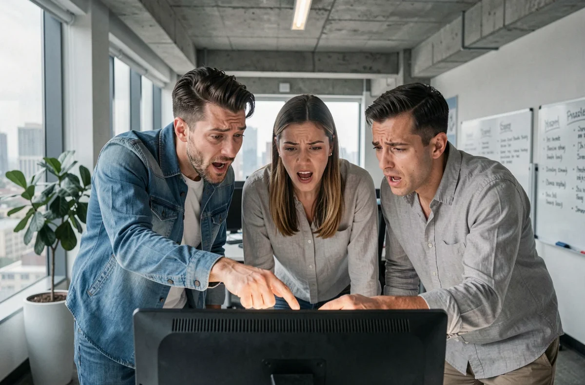 Groupe de collègues stupéfaits découvrant ensemble une question insolite et une énigme virale sur un écran de bureau