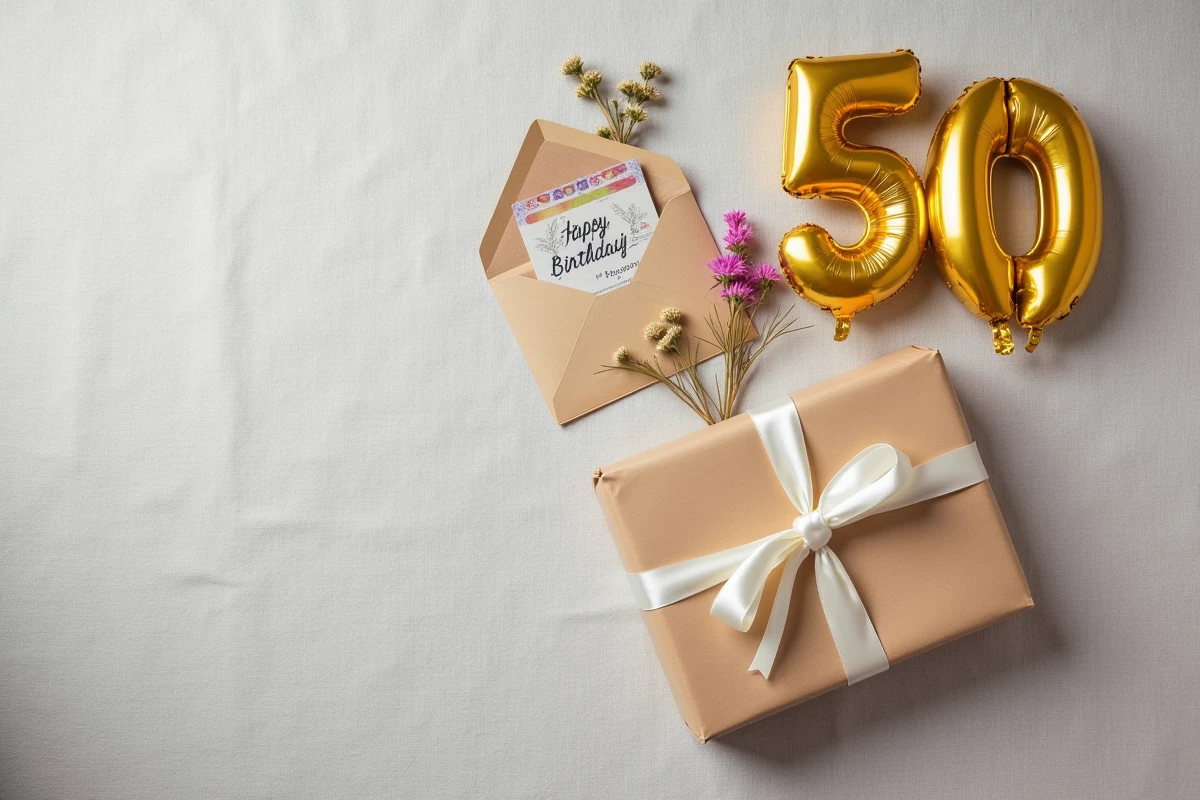 Composition à plat de cadeaux d'anniversaire pour les 50 ans incluant un paquet cadeau, une carte et une enveloppe cadeau sur fond texturé