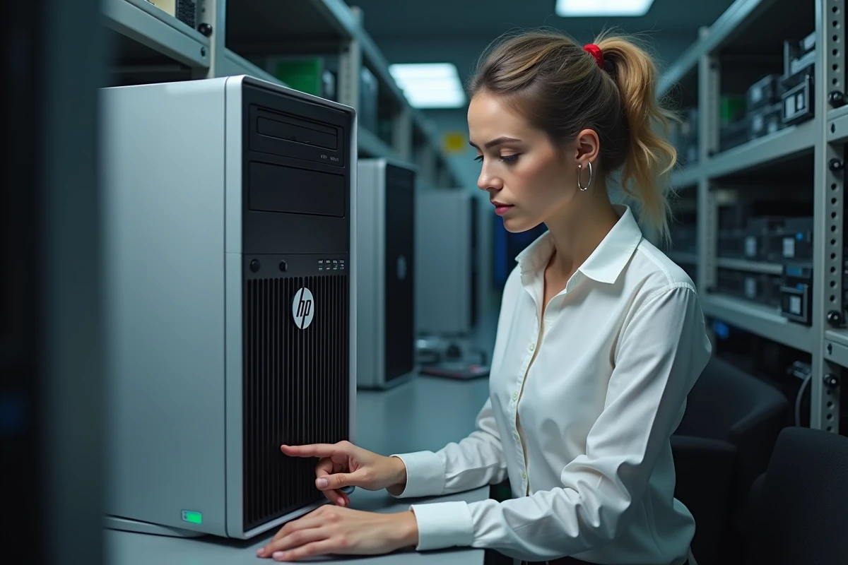 Professionnelle en informatique accédant aux paramètres BIOS d'un ordinateur de bureau HP pour configurer le mode Legacy