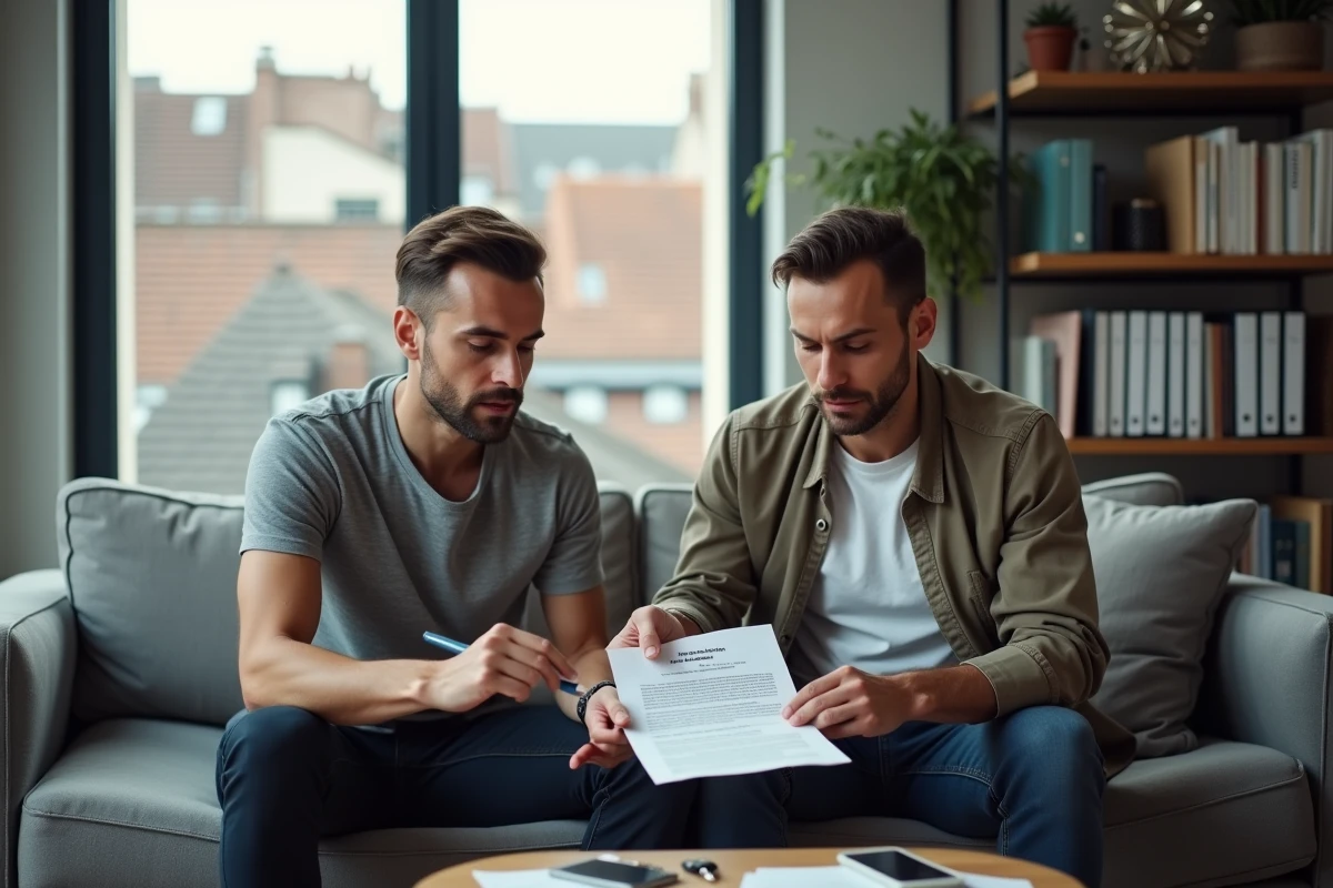 Deux hommes signant un contrat de domiciliation d'entreprise chez un ami dans un salon moderne