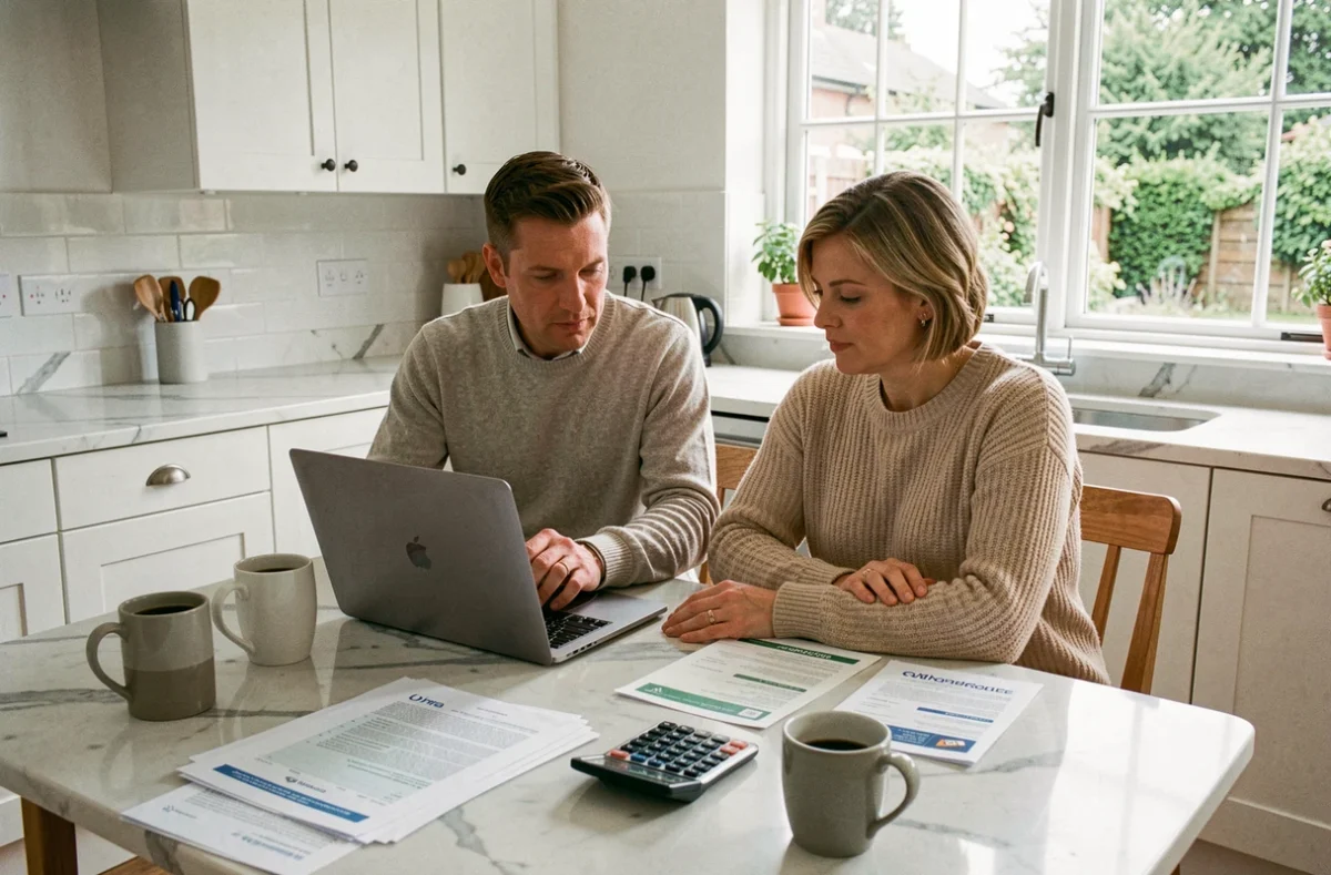 Couple comparant des offres de crédit immobilier sur un ordinateur portable à la maison