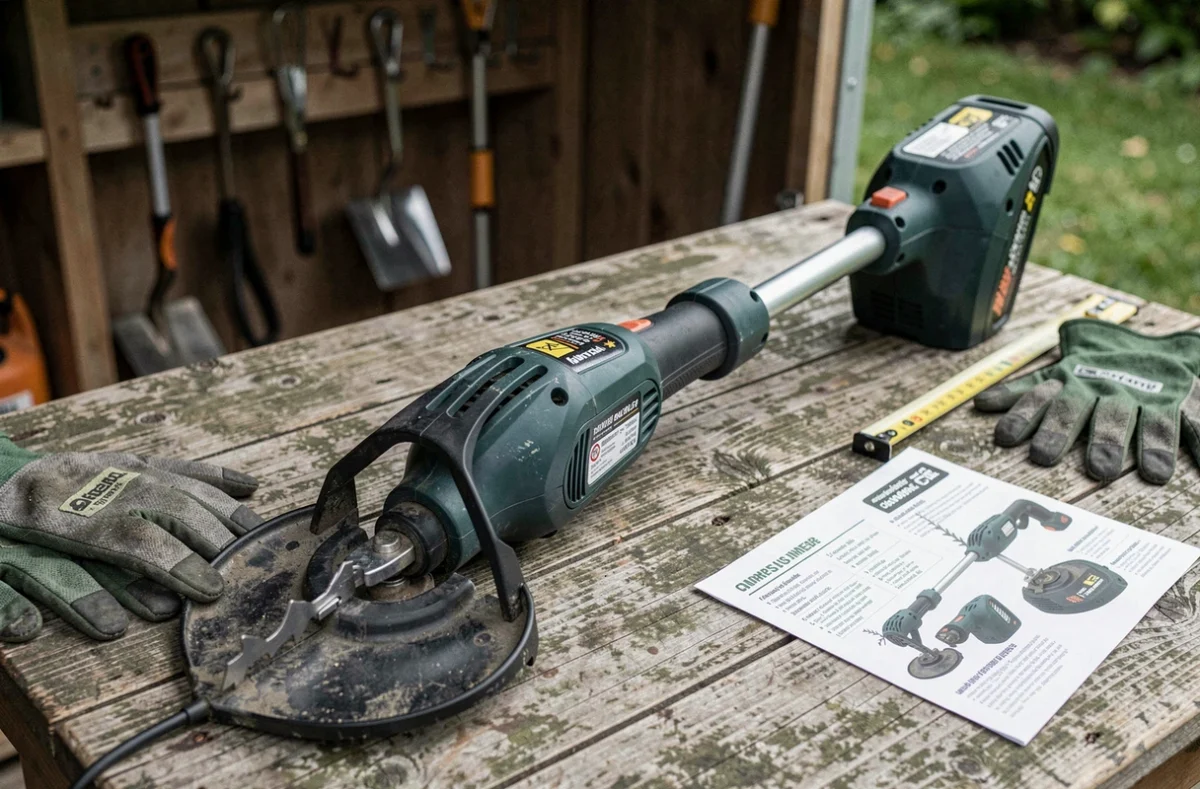 Débroussailleuse électrique sans fil posée sur un établi de jardin avec accessoires de comparaison