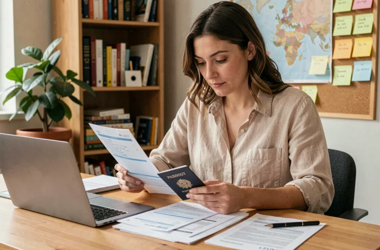 Femme organisant ses démarches administratives avant un voyage avec passeport et documents sur un bureau en bois