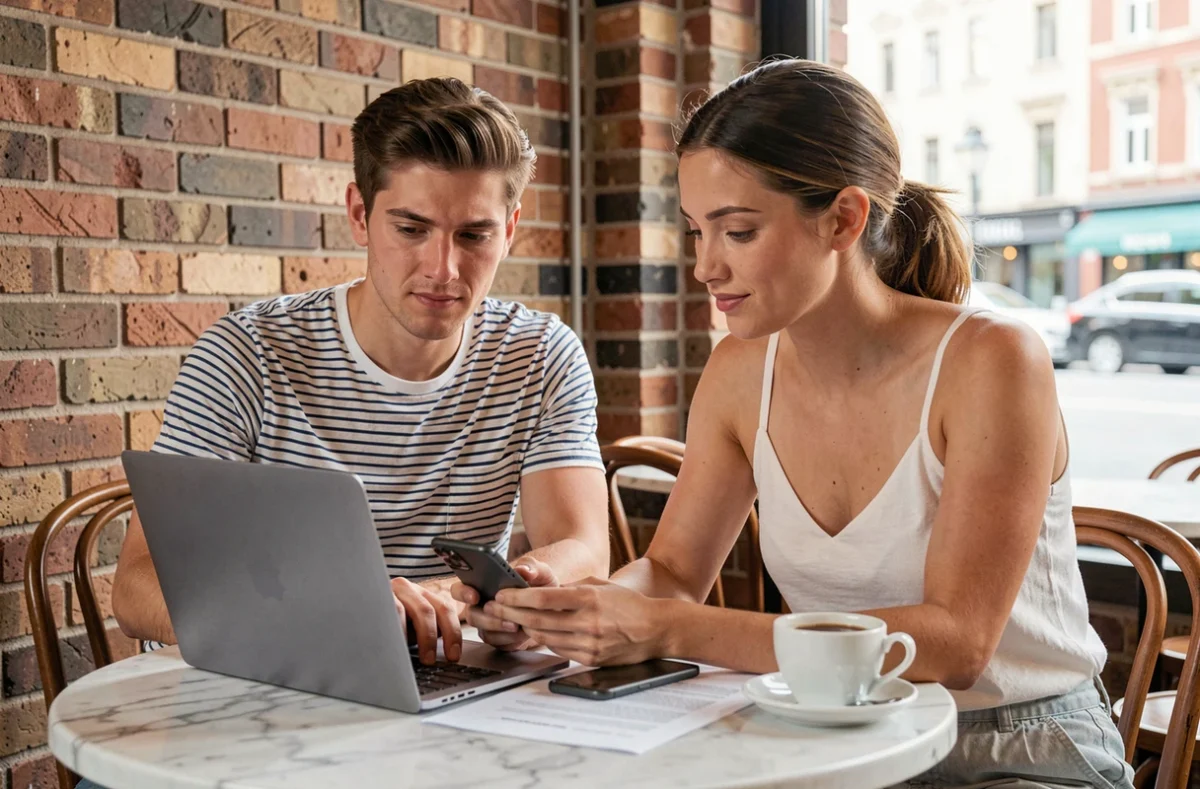 Couple effectuant des démarches administratives en ligne pour un voyage depuis un café avec laptop et smartphone