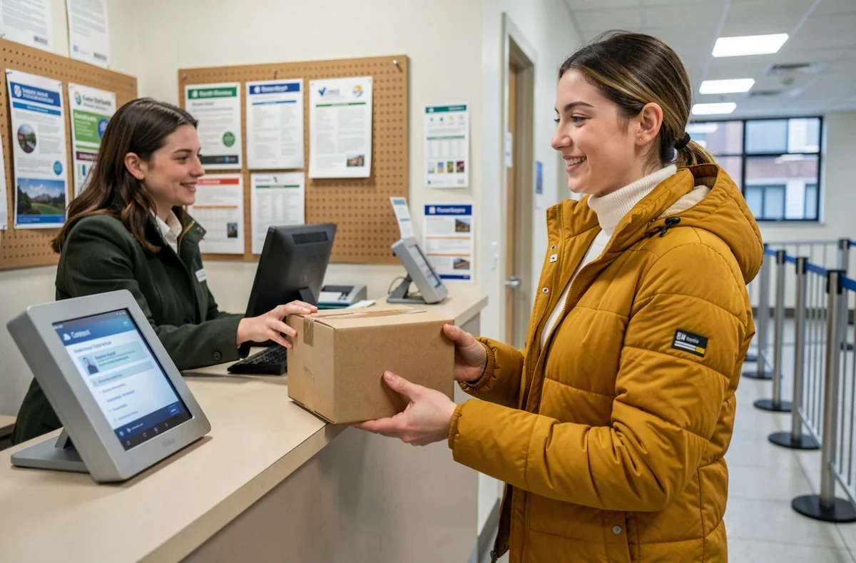 Jeune femme déposant un colis Vinted en bureau de poste grâce aux frais de port offerts pour les nouveaux inscrits