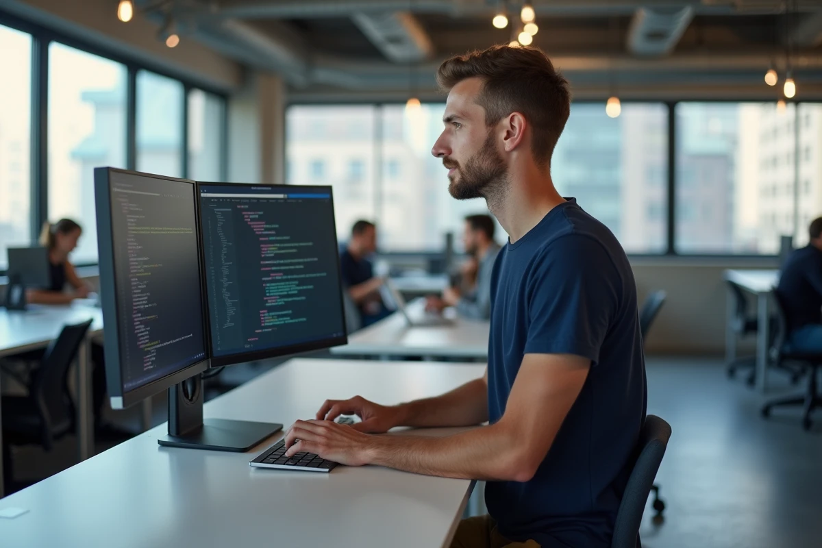 Développeur web masculin travaillant sur un tutoriel JavaScript dans un espace de co-working moderne avec des écrans et un environnement professionnel ouvert