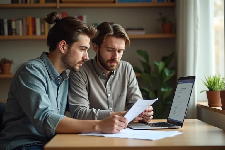 Deux amis consultant des documents de domiciliation d'entreprise autour d'une table dans un appartement