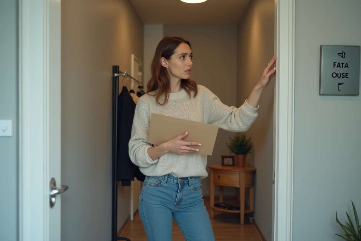Jeune femme tenant une enveloppe officielle devant la porte d'un appartement pour une domiciliation