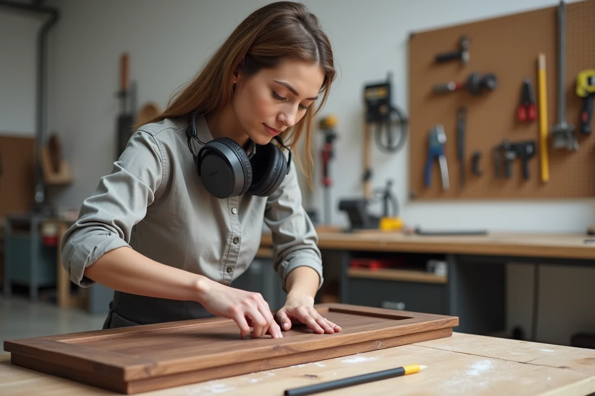 Ébéniste féminine inspectant un panneau en noyer profilé avec une affleureuse Festool dans un atelier moderne