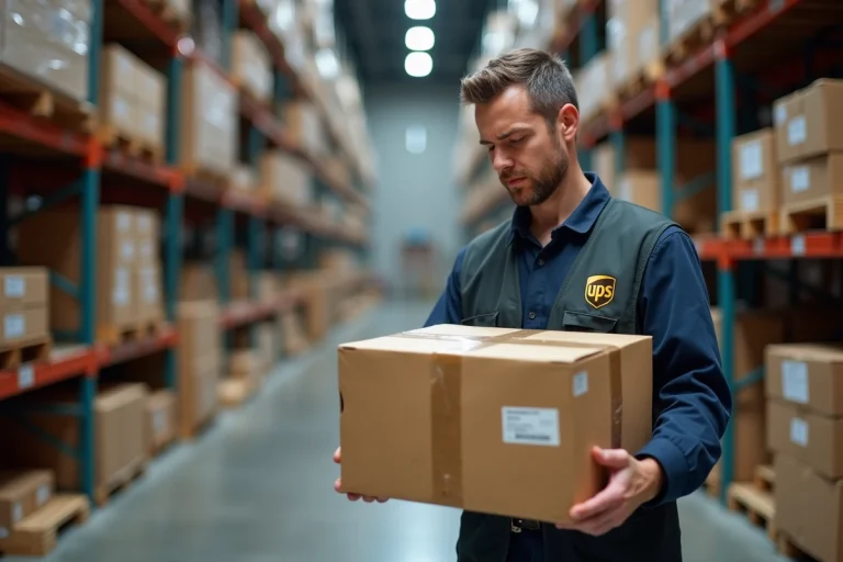 Employé d'entrepôt UPS examinant un colis retenu avec étiquette d'expédition dans un centre logistique