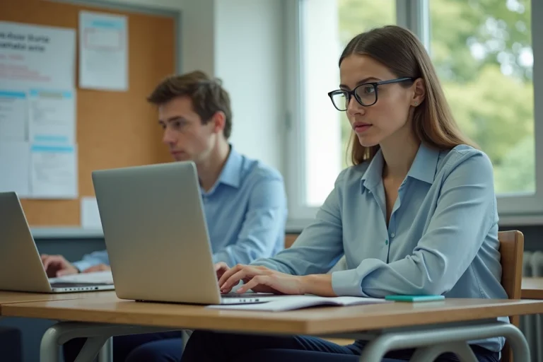 Enseignante consultant sa messagerie académique sur un ordinateur portable dans une salle des professeurs d'un collège de la Nièvre