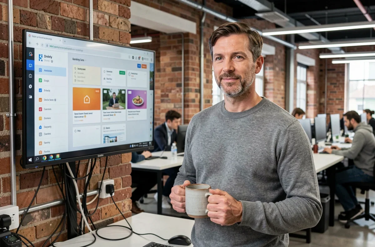 Entrepreneur masculin consultant un tableau de bord de formation business dans un espace de coworking moderne