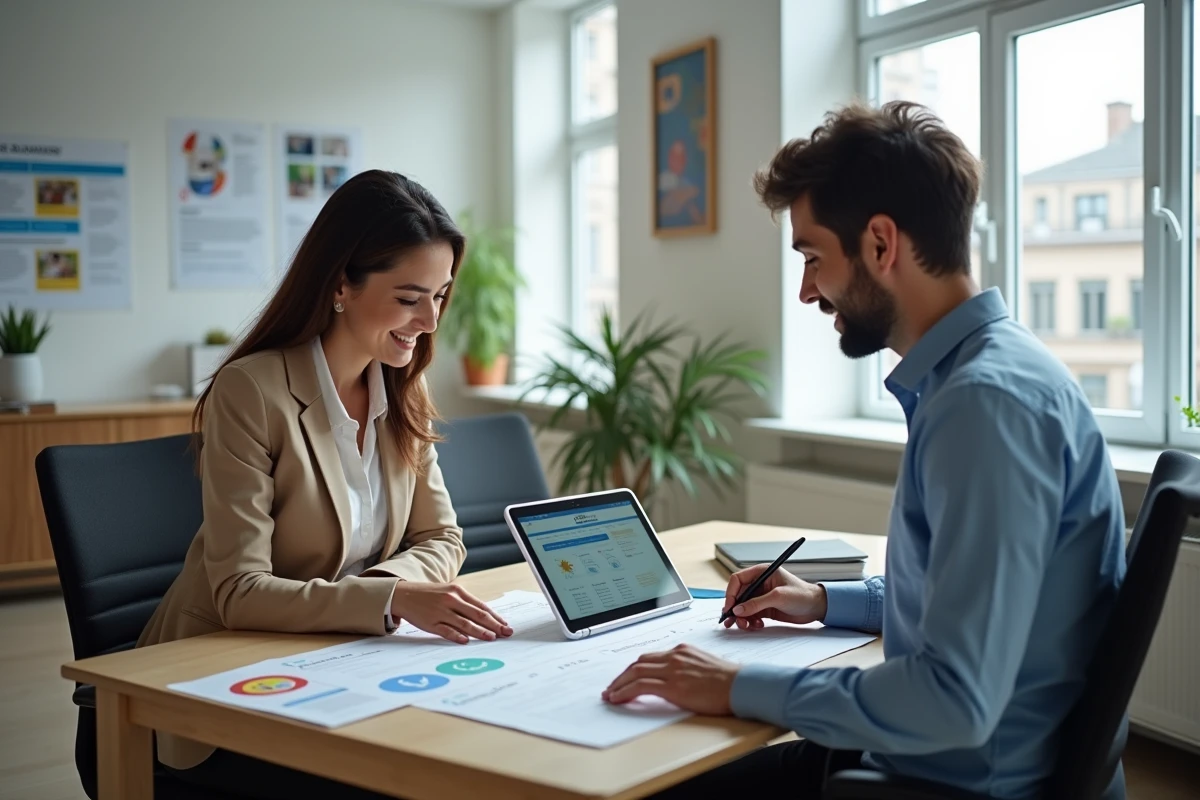 Deux professionnels analysant ensemble le plan du site d'une plateforme de conseil et formation