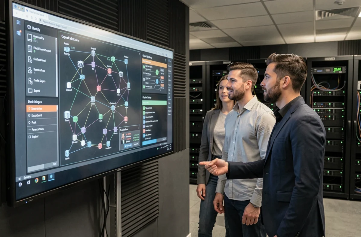 Équipe de professionnels en cybersécurité analysant une carte de réseau et des menaces en temps réel dans un centre opérationnel