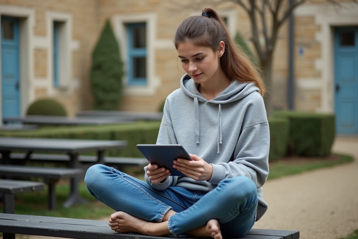 Étudiante accédant à la messagerie académique Webcsat du département 58 depuis une tablette dans la cour d'un établissement scolaire de la Nièvre