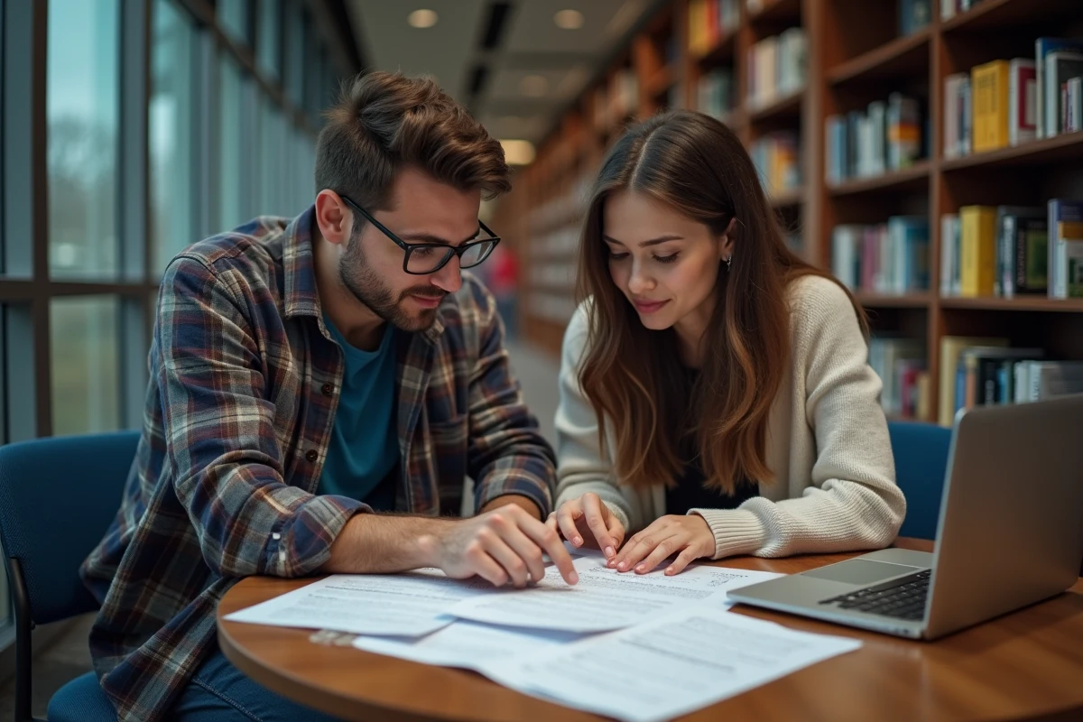Deux étudiants collaborant sur un projet de programmation Python autour d'un ordinateur portable et de documentation imprimée dans une bibliothèque universitaire