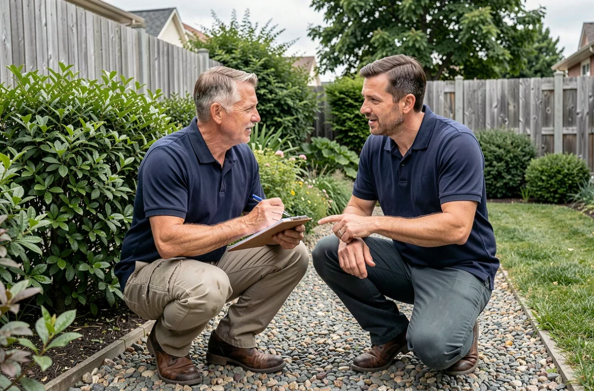 Expert jardinier en consultation avec un propriétaire dans un jardin soigné, prise de notes lors d'un devis de services à domicile