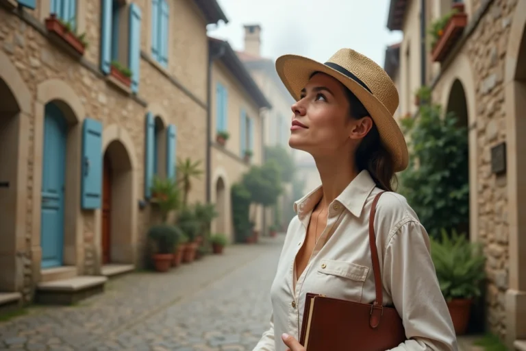 Femme en chapeau de paille explorant un village historique français aux ruelles pavées lors de ses vacances en France