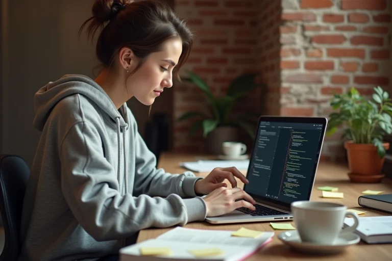 Jeune femme apprenant la programmation web sur un ordinateur portable dans un bureau à domicile chaleureux entouré de livres de code et de notes