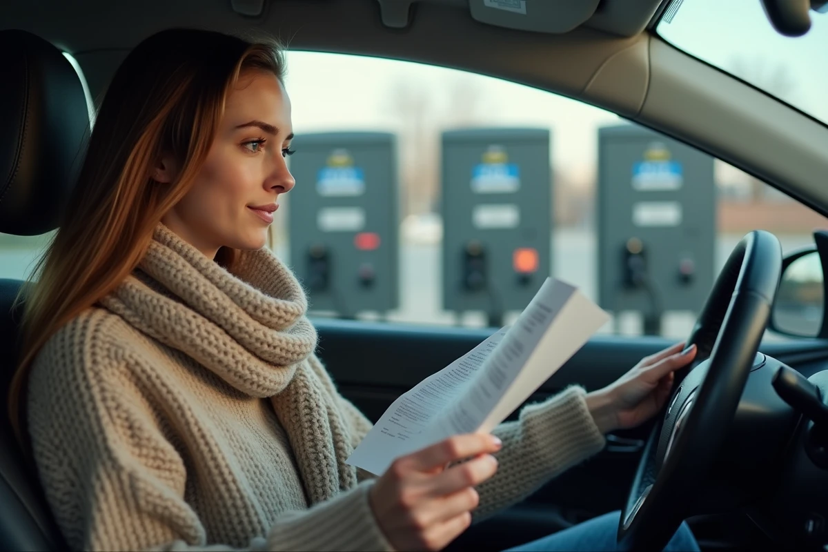 Femme dans sa voiture étudiant un dépliant essence
