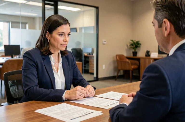 Femme consultant un conseiller bancaire pour choisir le meilleur crédit immobilier en agence