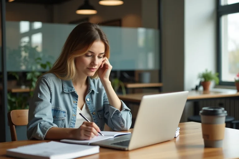 Femme en coworking prenant des notes sur un carnet