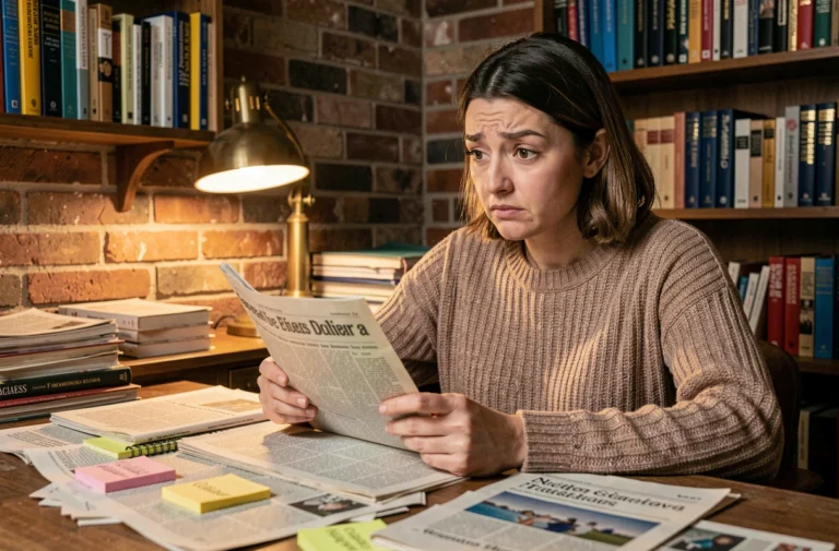 Femme curieuse lisant des articles insolites et des énigmes du web dans un bureau chaleureux rempli de journaux