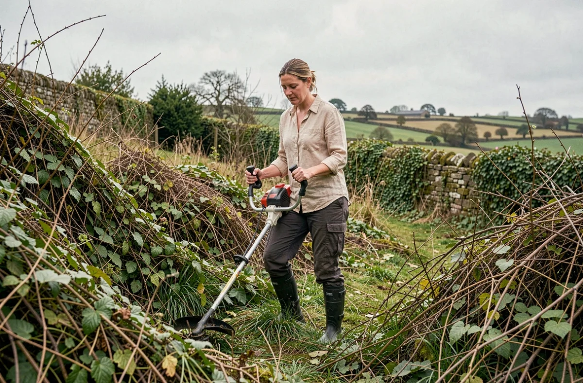 Femme utilisant une débroussailleuse à batterie sur un terrain en pente avec végétation dense en milieu rural