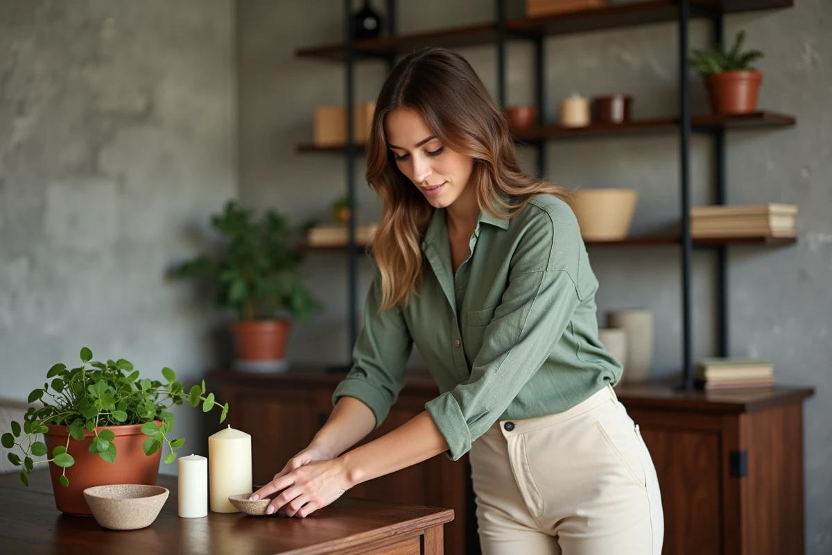 Femme arrangeant une décoration tendance sur un buffet en bois avec bols en grès, bougies et plante verte dans un appartement contemporain