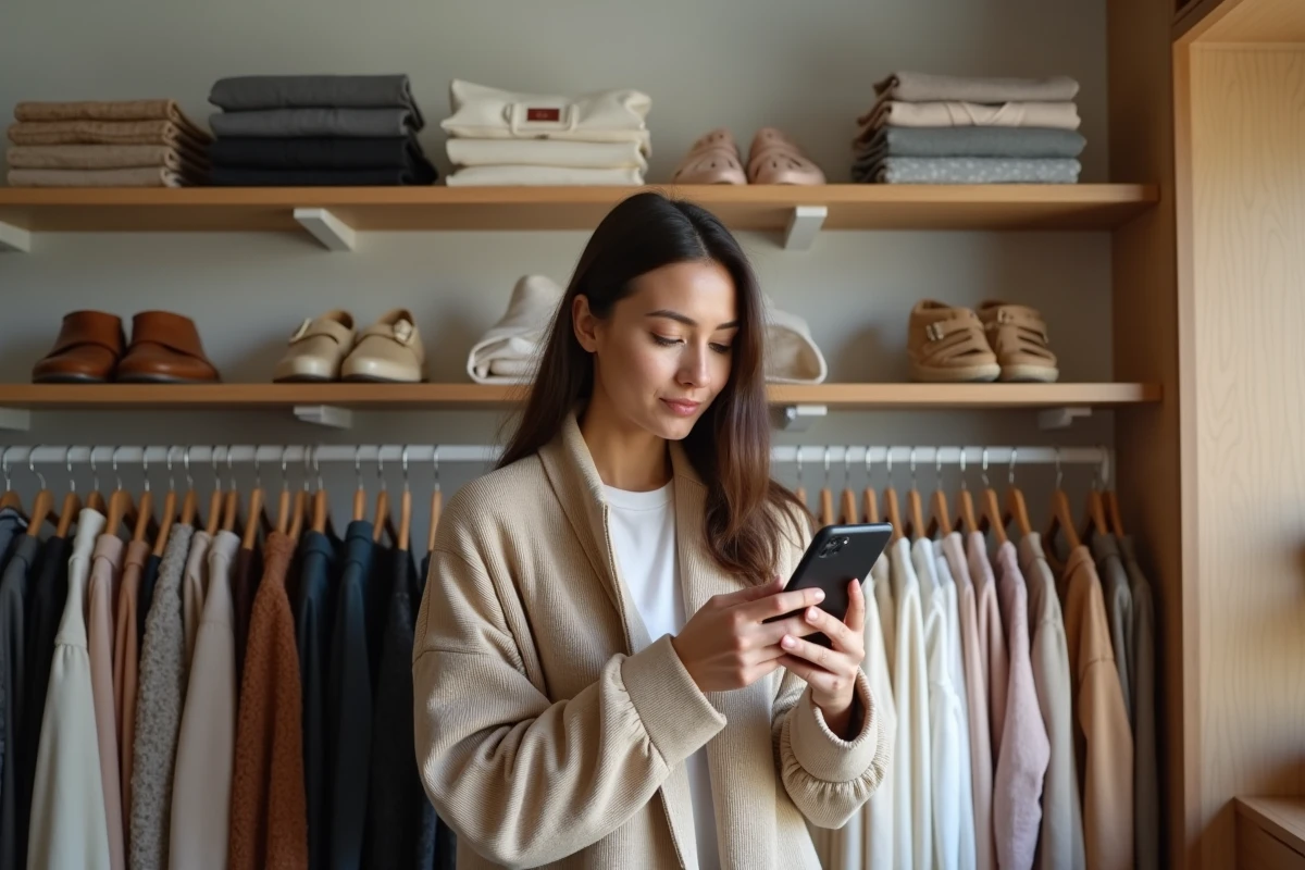 Femme comparant des tendances mode en ligne et des vêtements physiques dans un dressing élégant, astuce shopping tendance