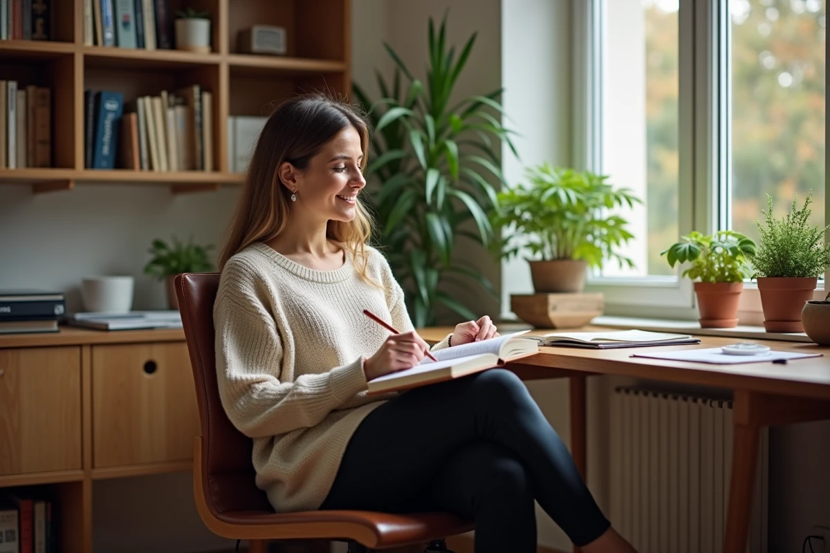 Femme écrivant dans un journal dans son bureau à la maison