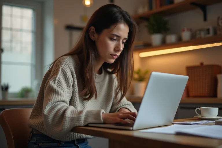 Jeune femme examine son ordinateur pour un achat en ligne