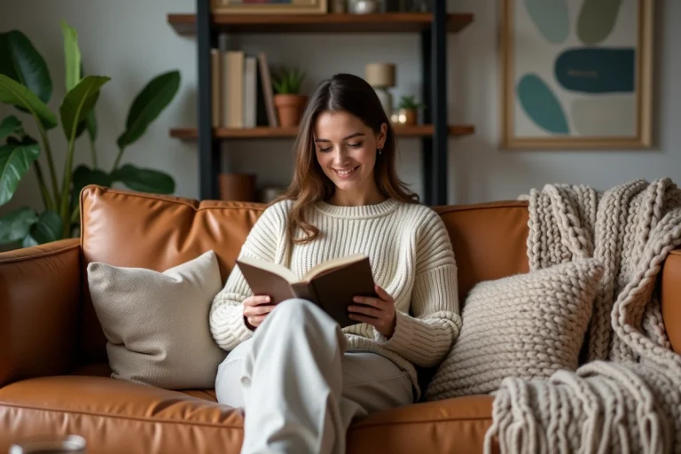 Femme lisant un livre dans un salon cosy et moderne