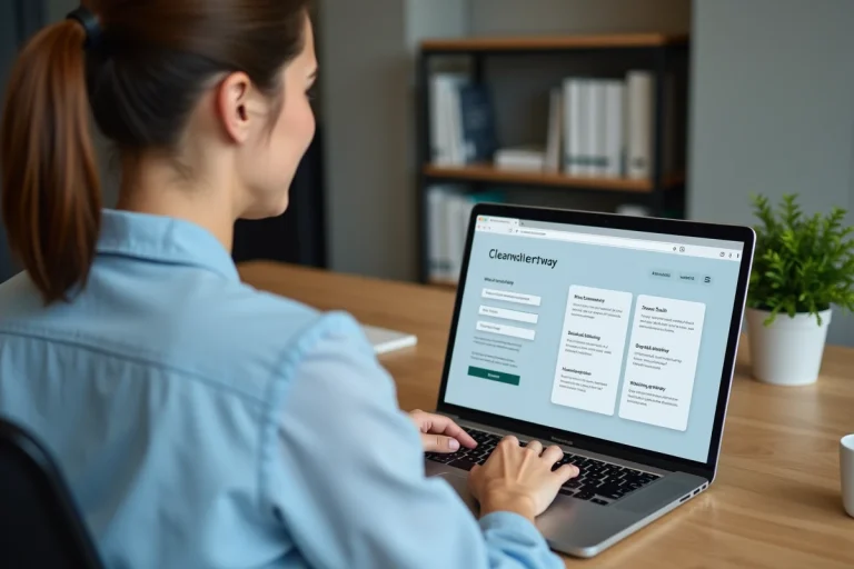 Femme professionnelle naviguant sur le plan du site d'une plateforme de formation en ligne depuis son bureau
