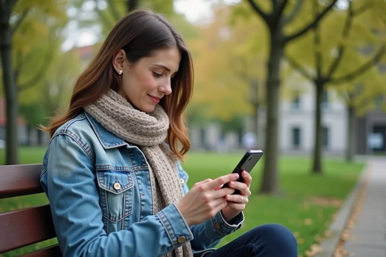 Femme assise dans un parc urbain avec smartphone