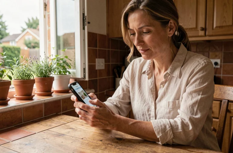 Femme consultant une application de mise en relation avec des experts maison et jardin sur son smartphone dans une cuisine chaleureuse