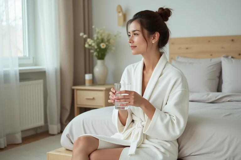 Femme détendue dans sa chambre avec eau de source