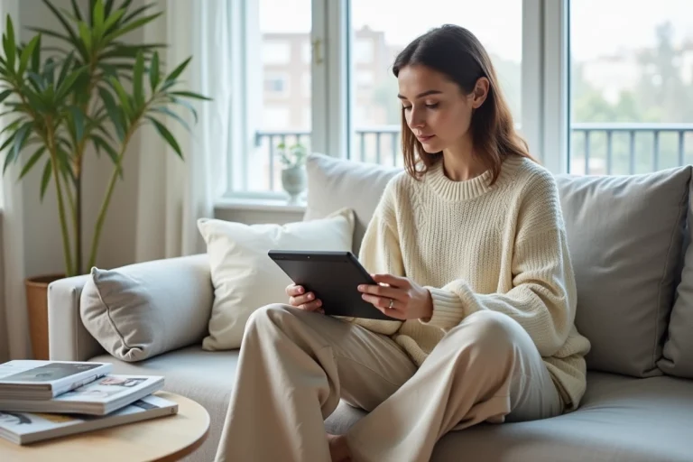 Jeune femme élégante parcourant des tendances mode sur une tablette dans un salon minimaliste, parfaite illustration des astuces shopping en ligne